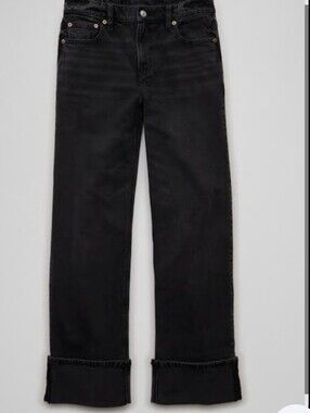 American Eagle Outfitters Straight Leg Black Jeans with Cuffed Hem